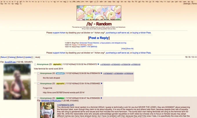 Feminism — 4chan /b/ thread encouraging users to vote feminist as worst word of 2014