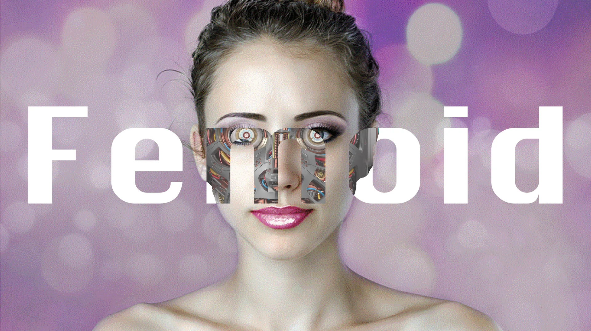 Femoid header image with woman's face and mechanical text overlay on purple background