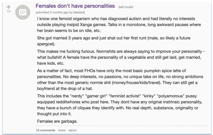 Reddit r/Incels post titled 'Females don't have personalities' using the term femoid