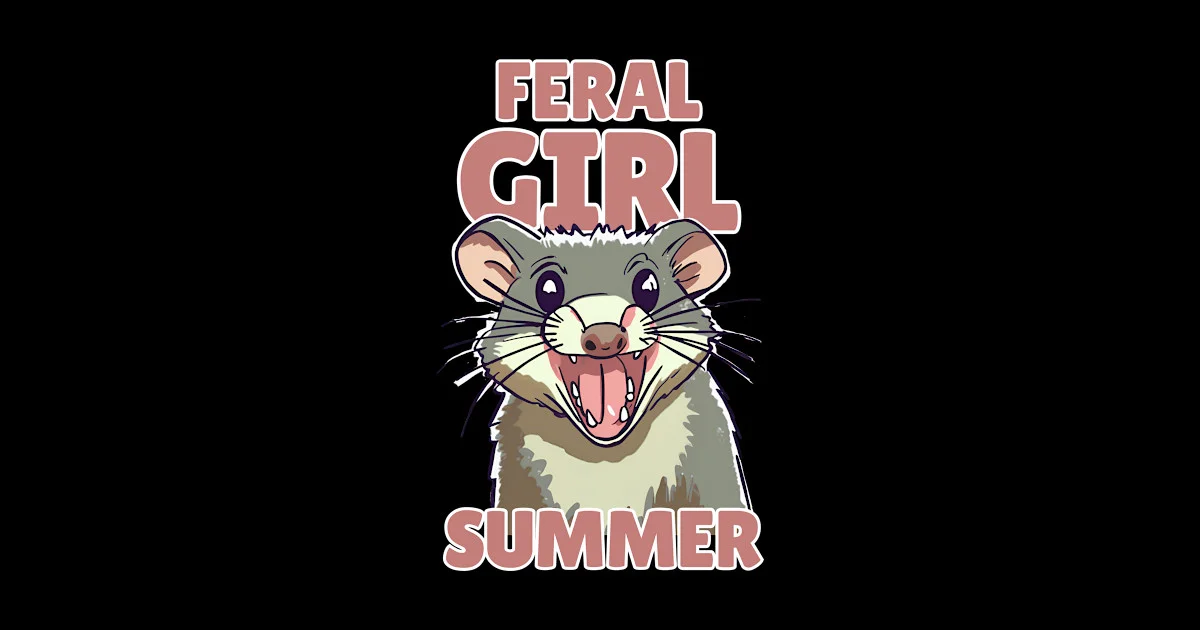 Feral Girl Summer meme with pink text and wild possum on black background