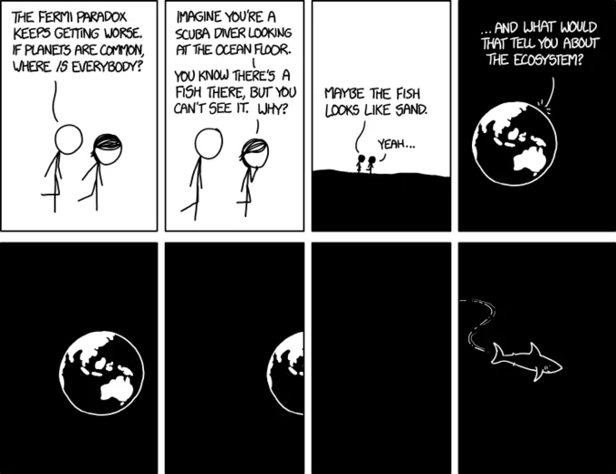 Fermi Paradox — Six-panel XKCD comic about scuba diver and fish undetected on ocean floor.