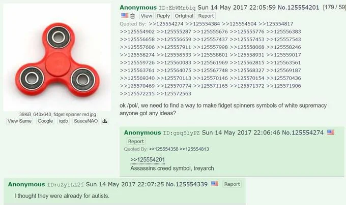 Fidget Spinners — Screenshot of a 4chan /pol/ thread with a red fidget spinner discussing meme symbolism