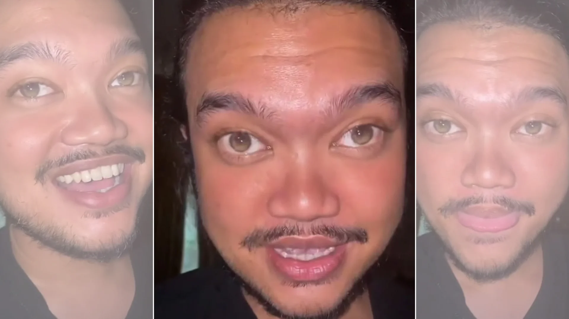 Fiesta Chicken Nugget — Three side-by-side selfie-style close-ups of a man with dark hair and a mustache making expressive faces.