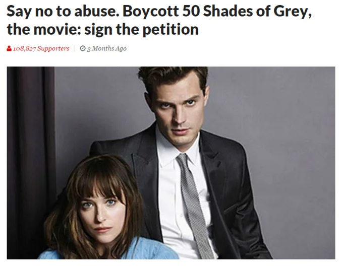 Boycott Fifty Shades of Grey movie petition screenshot with Jamie Dornan and Dakota Johnson