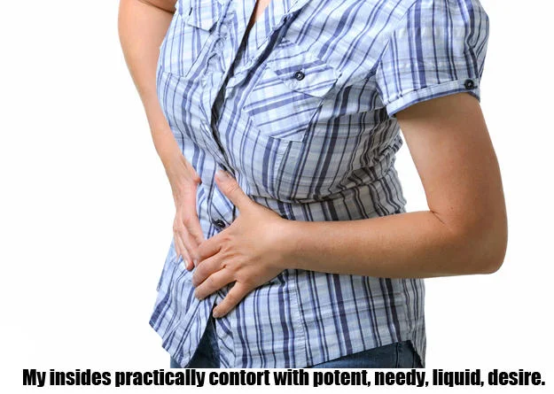 Fifty Shades Of Grey — Woman clutching stomach with Fifty Shades quote about liquid desire overlay