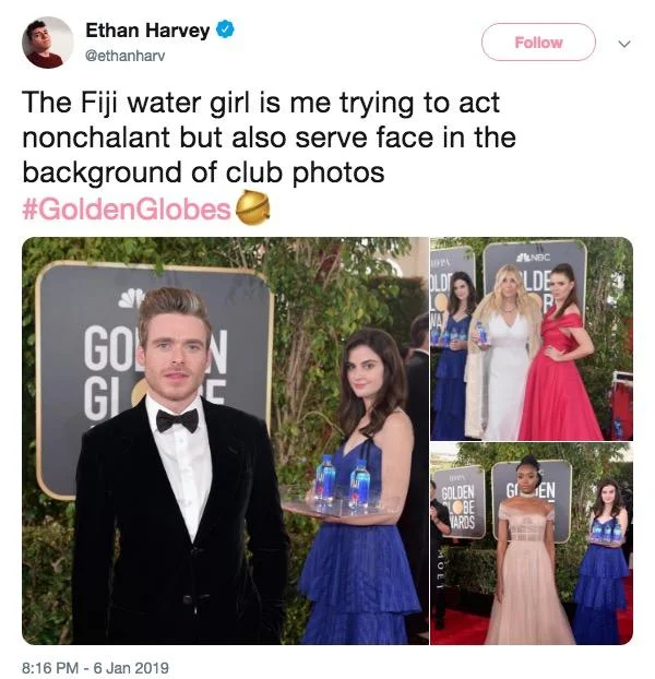 Tweet by Ethan Harvey comparing himself to the Fiji Water Girl serving face