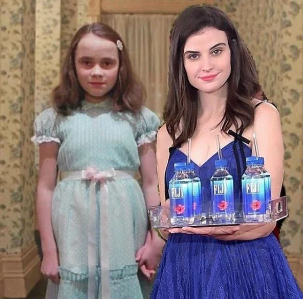 Fiji Water Girl edited next to a Grady twin from The Shining