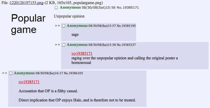 4chan /v/ board thread from August 2008 calling poster 'filthy casual'.