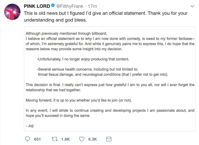 Tweet from Filthy Frank account announcing Joji's retirement from comedy