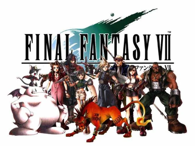 Final Fantasy VII logo and cast lineup promotional artwork