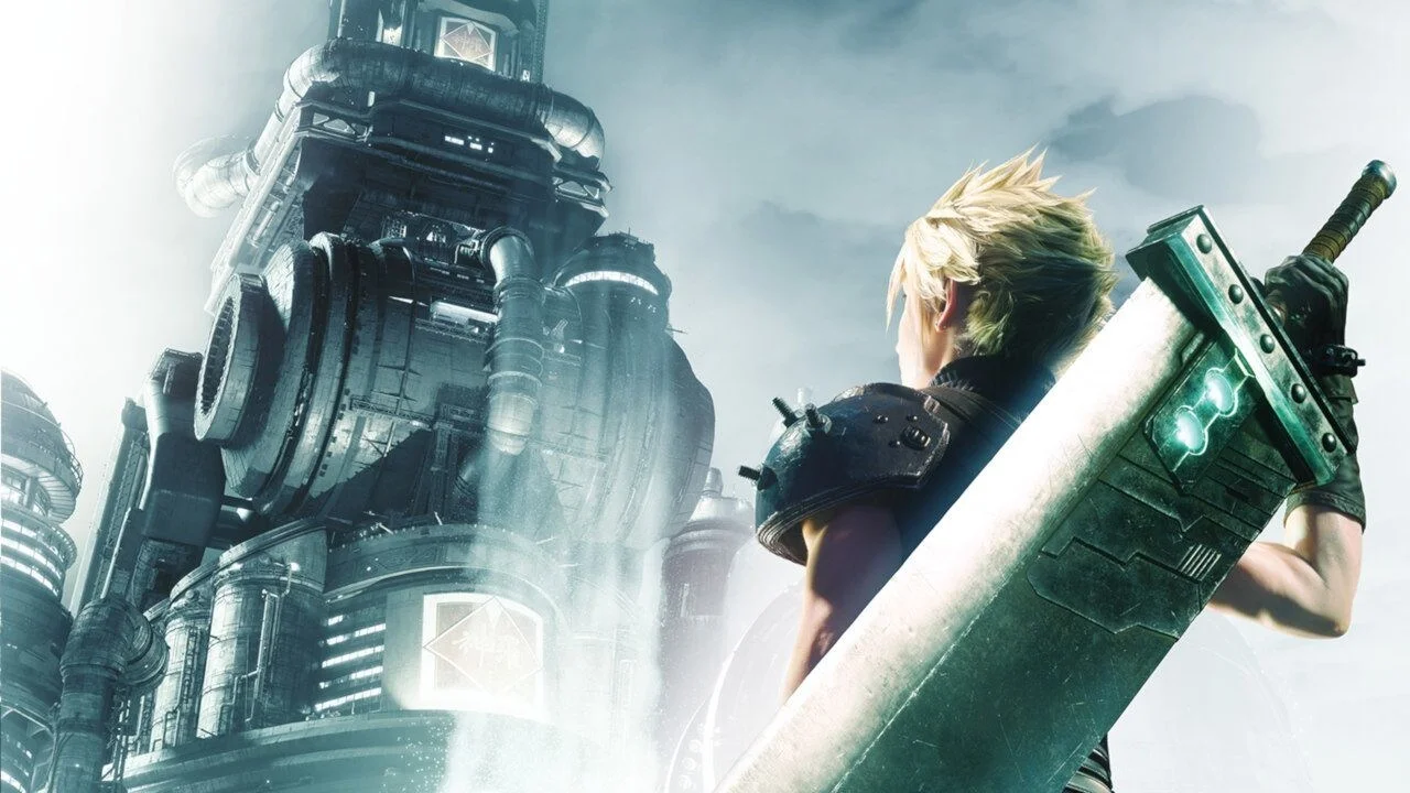 Cloud Strife with Buster Sword looking up at Shinra tower in Final Fantasy VII Remake key art