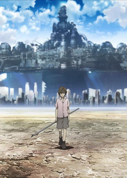 Anime-style boy with sword in front of ruined Midgar city, Final Fantasy VII artwork