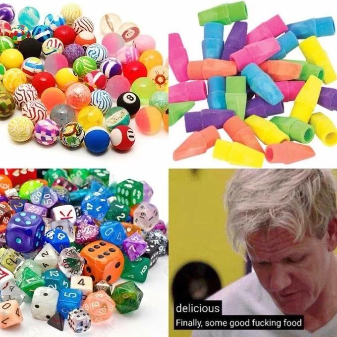 Finally Some Good Fucking Food — Multi-panel meme featuring colorful dice and toy blocks with Ramsay reaction.
