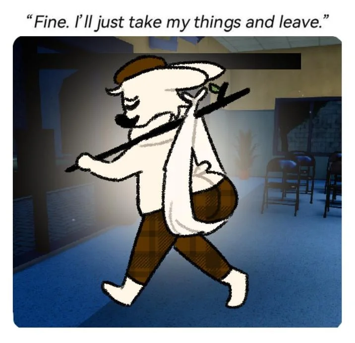 Anime-style blonde character in armor walking with butt-bindle and 'Fine. I'll just take my things and leave.' caption