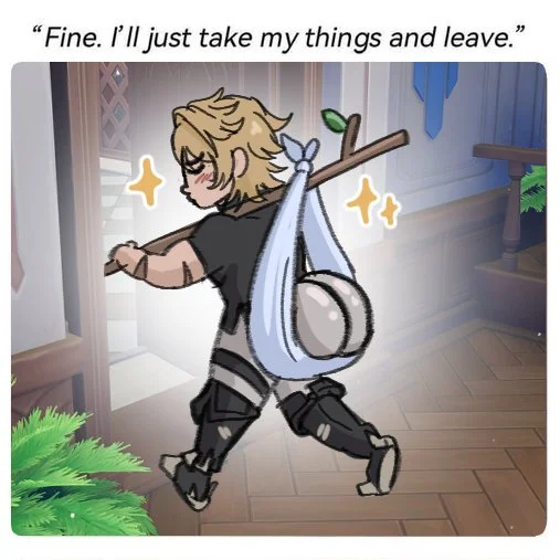 Fine. I'll Just Take My Things And Leave — Anime blonde character walking away on beach with butt-bindle, speech bubbles referencing the meme