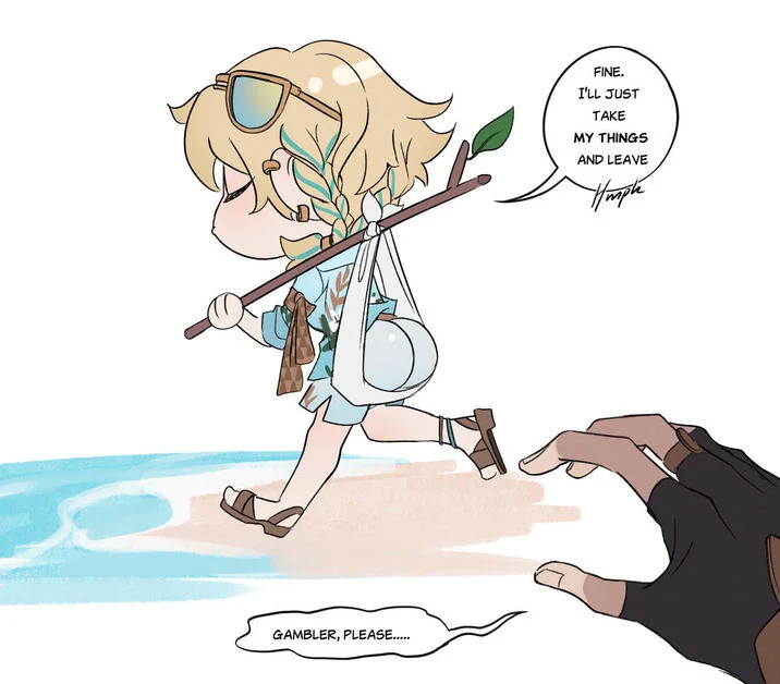 Fine. I'll Just Take My Things And Leave — Green-haired chibi character in armor with butt-shaped red bindle sack on stick