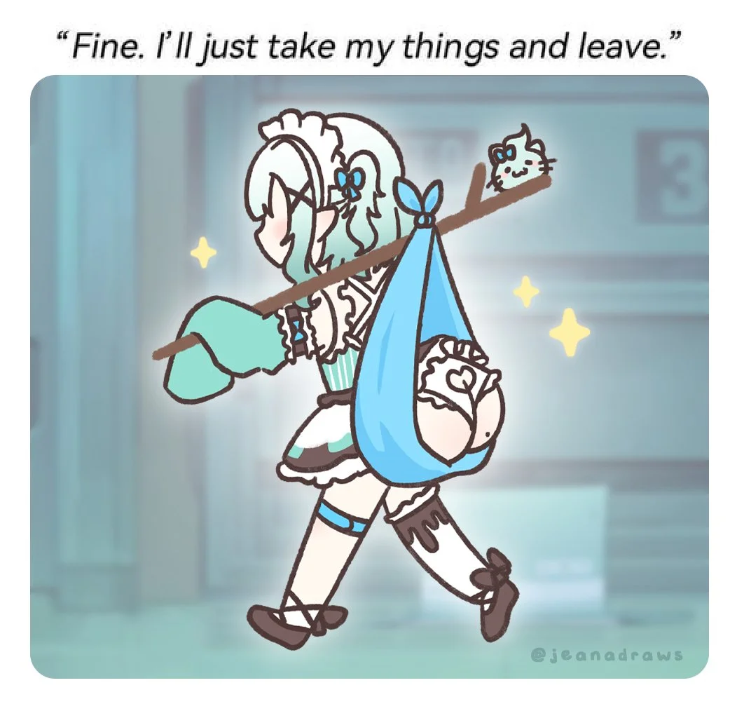 Wile E. Coyote running with butt-shaped bindle and sign reading 'Fine. I'll just take my things and leave.'