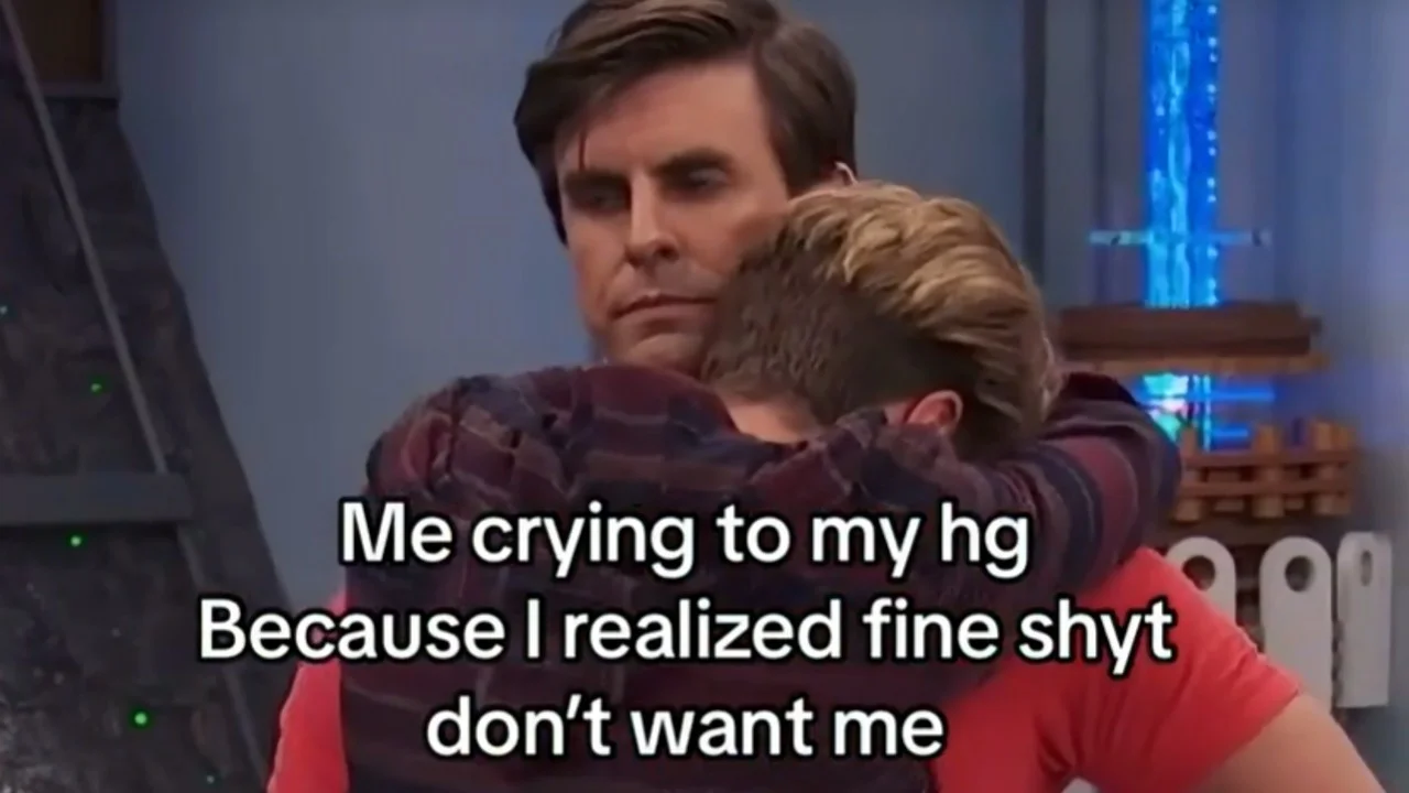 Man hugging a crying person with meme caption about fine shyt not wanting the speaker