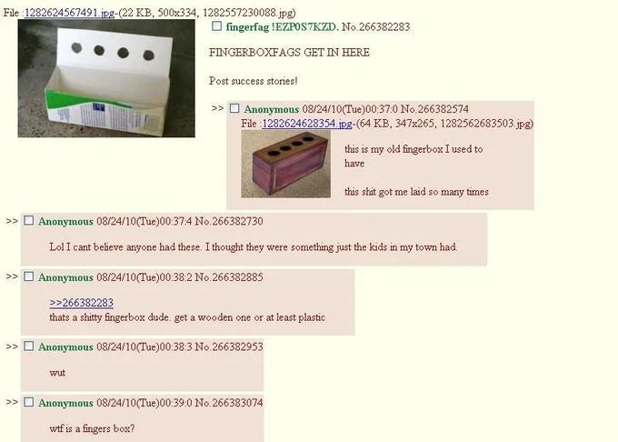Finger Boxes — 4chan thread screenshot discussing fingerboxes with user photos.