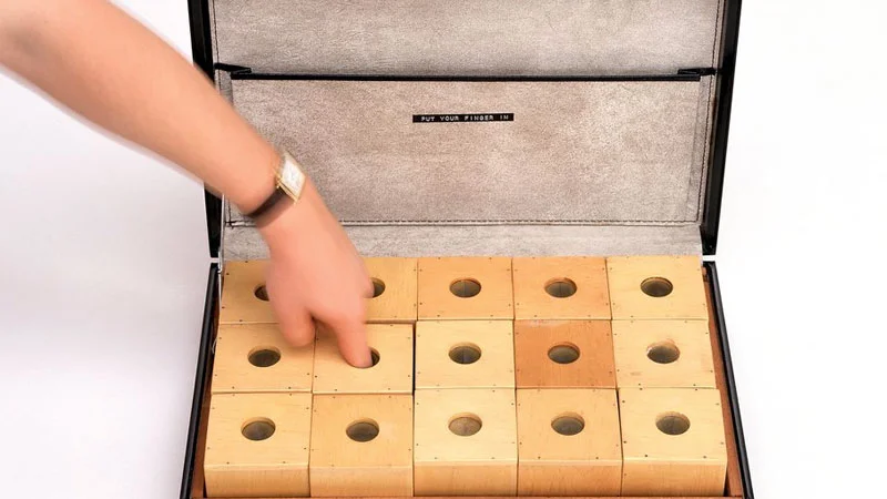 Finger Boxes — Opened display case holding a dozen wooden fingerbox cubes with a finger entering one.