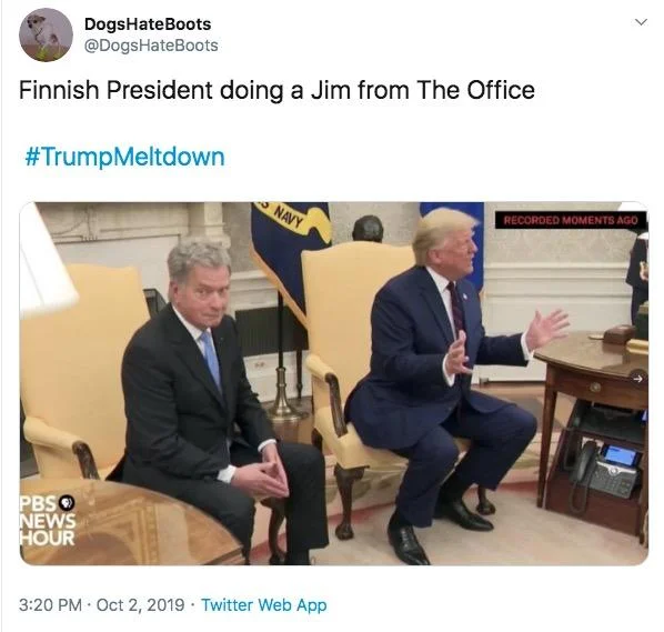Finnish President Next To Trump — Twitter screenshot of Niinistö beside Trump in Oval Office press conference.