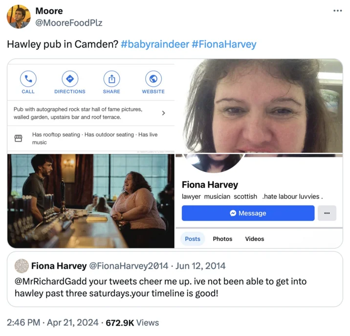 Fiona Harvey Is Martha Theories Baby Reindeer — Tweet collage comparing Hawley pub in Camden, Fiona Harvey's Facebook profile, and a Baby Reindeer bar scene