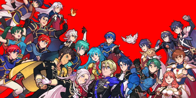 Large ensemble of Fire Emblem lords and heroes posed on a red background