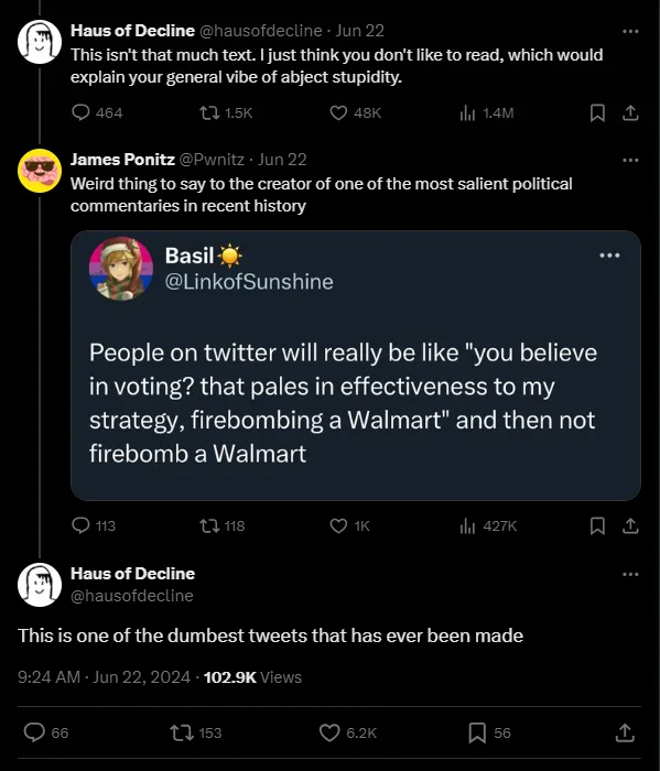 Firebomb a Walmart — Twitter thread with Haus of Decline criticizing the viral firebomb-a-Walmart tweet by @LinkofSunshine and James Ponitz defending it.