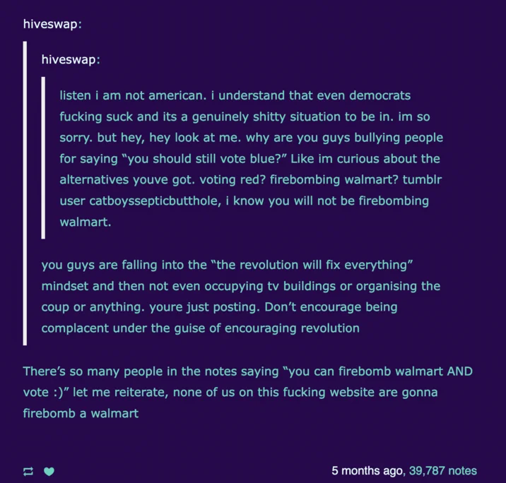 Firebomb a Walmart — Tumblr post from user hiveswap discussing firebombing Walmart as empty revolutionary rhetoric online.