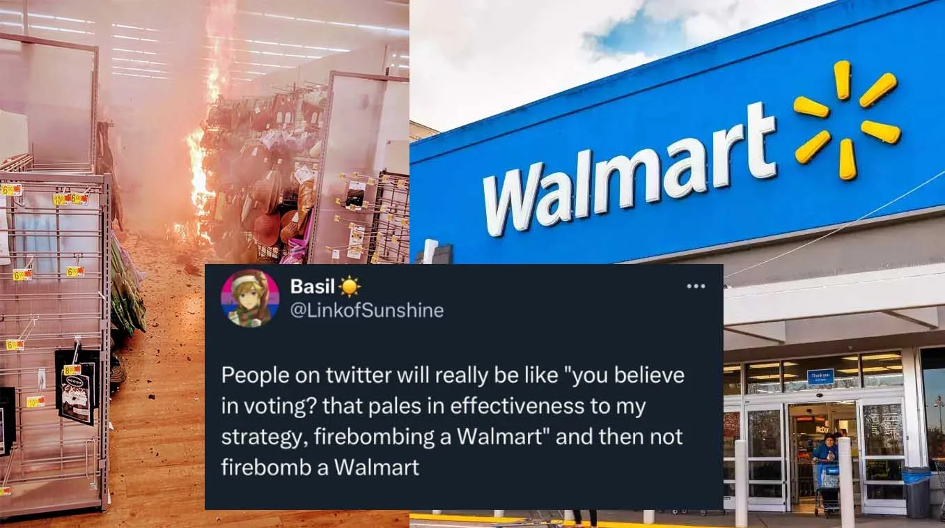 Firebomb a Walmart — Collage of a fire inside a store aisle, a Walmart storefront, and a tweet about firebombing a Walmart being more effective than voting.