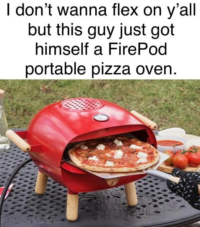 Firepods — Red FirePod portable pizza oven with a pizza inside and flexing caption