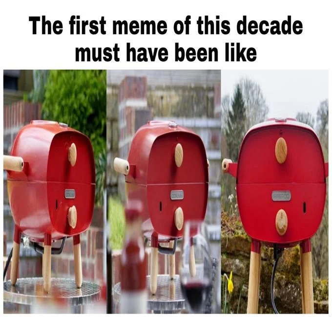 Firepods — Three photos of a red FirePod pizza oven with 'first meme of the decade' caption