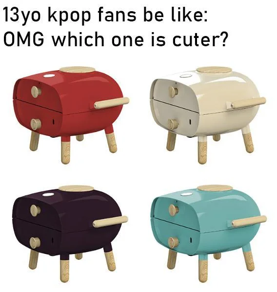 Firepods — Four colored FirePod pizza ovens arranged as a K-pop fan reaction meme
