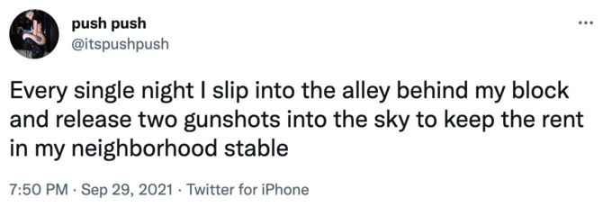 Firing Gunshots To Keep Rent Down — push push @itspushpush : ... Every single night I slip into the alley behind my block and release two gunshots into the sky