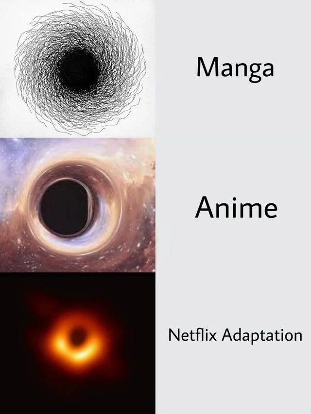 First Image Of Black Hole — Manga anime Netflix adaptation meme with three progressively less detailed black hole images