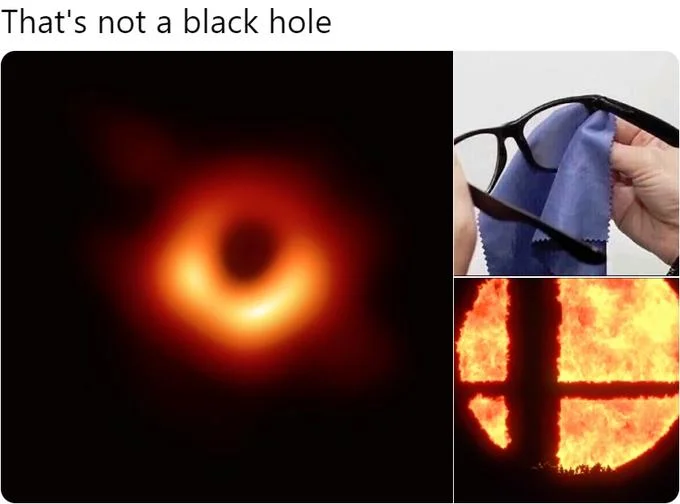 First Image Of Black Hole — Meme comparing the blurry black hole image to smudged glasses and the Smash Bros logo