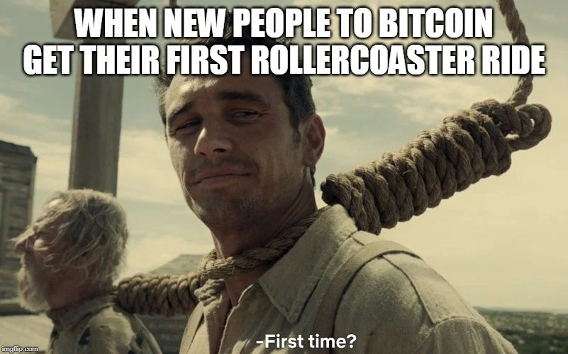 Character with rope asking 'First time?' about Bitcoin investment rollercoasters.