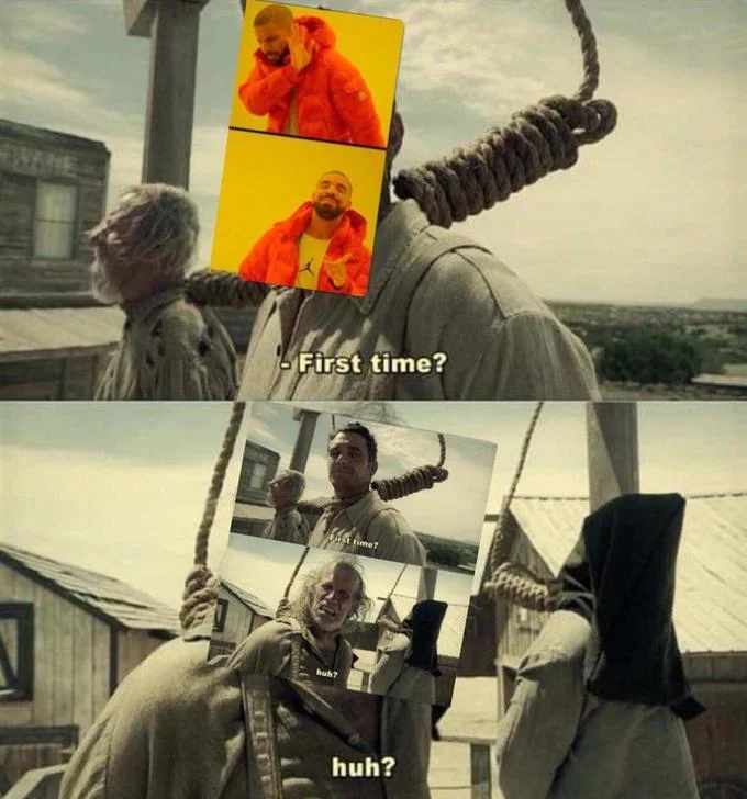 Stacked meme layout combining character 'First time?' with Elmo reaction faces.