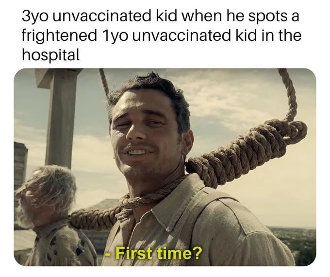 Character asking 'First time?' with setup text about unvaccinated children.