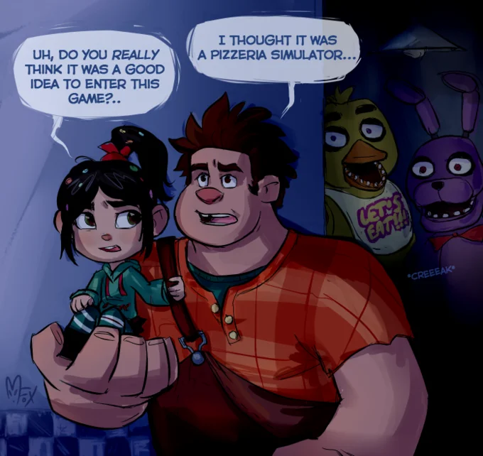 Five Nights at Freddy's Memes — FNAF fan art meme showing humans and animatronics in dialogue about pizzeria simulator premise
