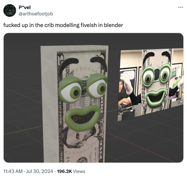 Fiveish Yap Dollar — Tweet showing a Blender 3D model recreation of the Fiveish five-dollar bill character next to reference footage.