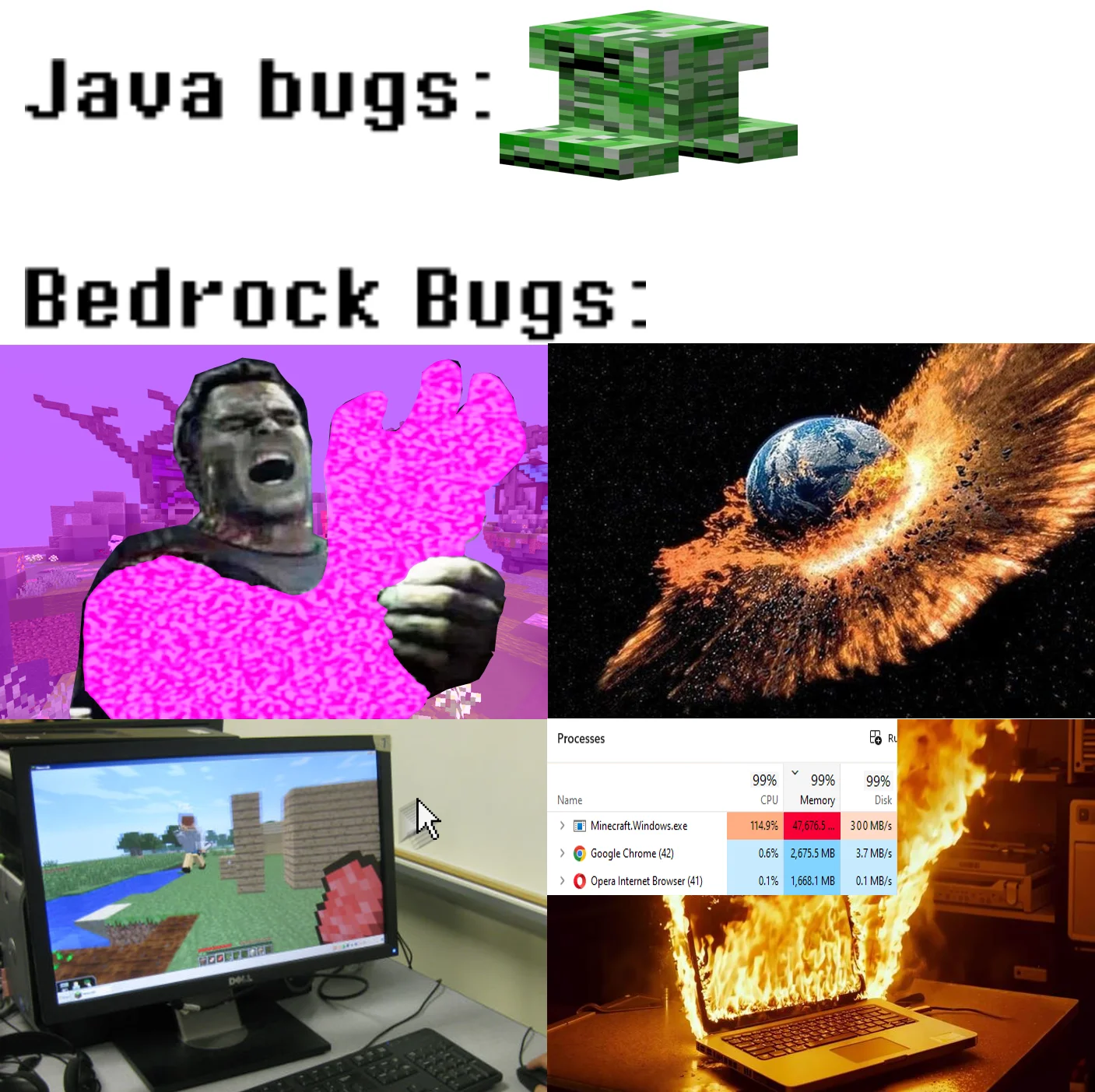 Fix Mojang Bedrock — Meme contrasting minor Java bugs with catastrophic Bedrock bugs in Minecraft