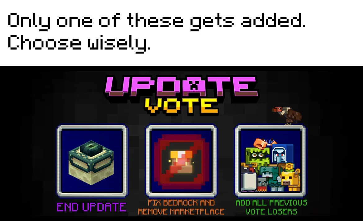 Fix Mojang Bedrock — Parody Minecraft update vote screen including 'Fix Bedrock and Remove Marketplace' option