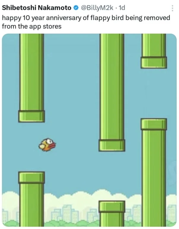 Twitter post commemorating 10-year anniversary of Flappy Bird removal.