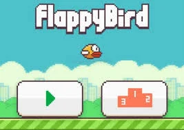 Official Flappy Bird title screen with logo, yellow bird, and buttons.