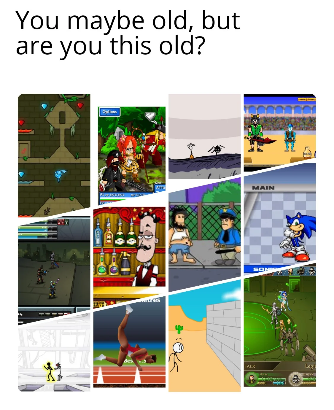 Flash Game Memories — Nostalgic age gate grid of classic Flash games with recognition question.