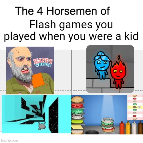 Flash Game Memories — Four-panel grid of iconic Flash games including Fancy Pants and Fireboy.