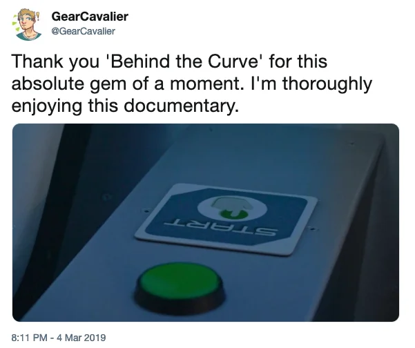 Flat Earth Theory — Tweet recommending the Netflix documentary Behind the Curve about flat earthers, with photo of gyroscope experiment