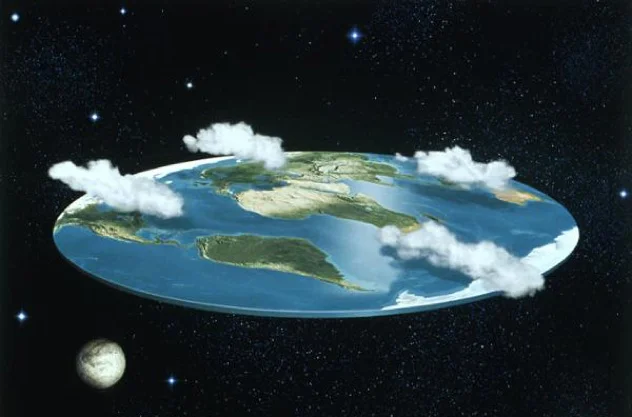Flat Earth Theory — Illustration of Earth depicted as a flat disc in space with clouds and the Moon nearby