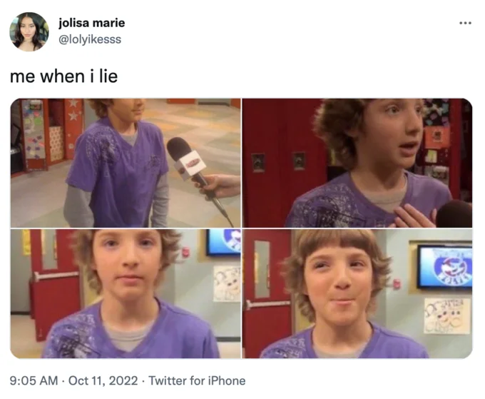 Fletcher Quimby Getting Interviewed — Tweet with four-panel grid of Fletcher Quimby reactions captioned 'me when i lie'
